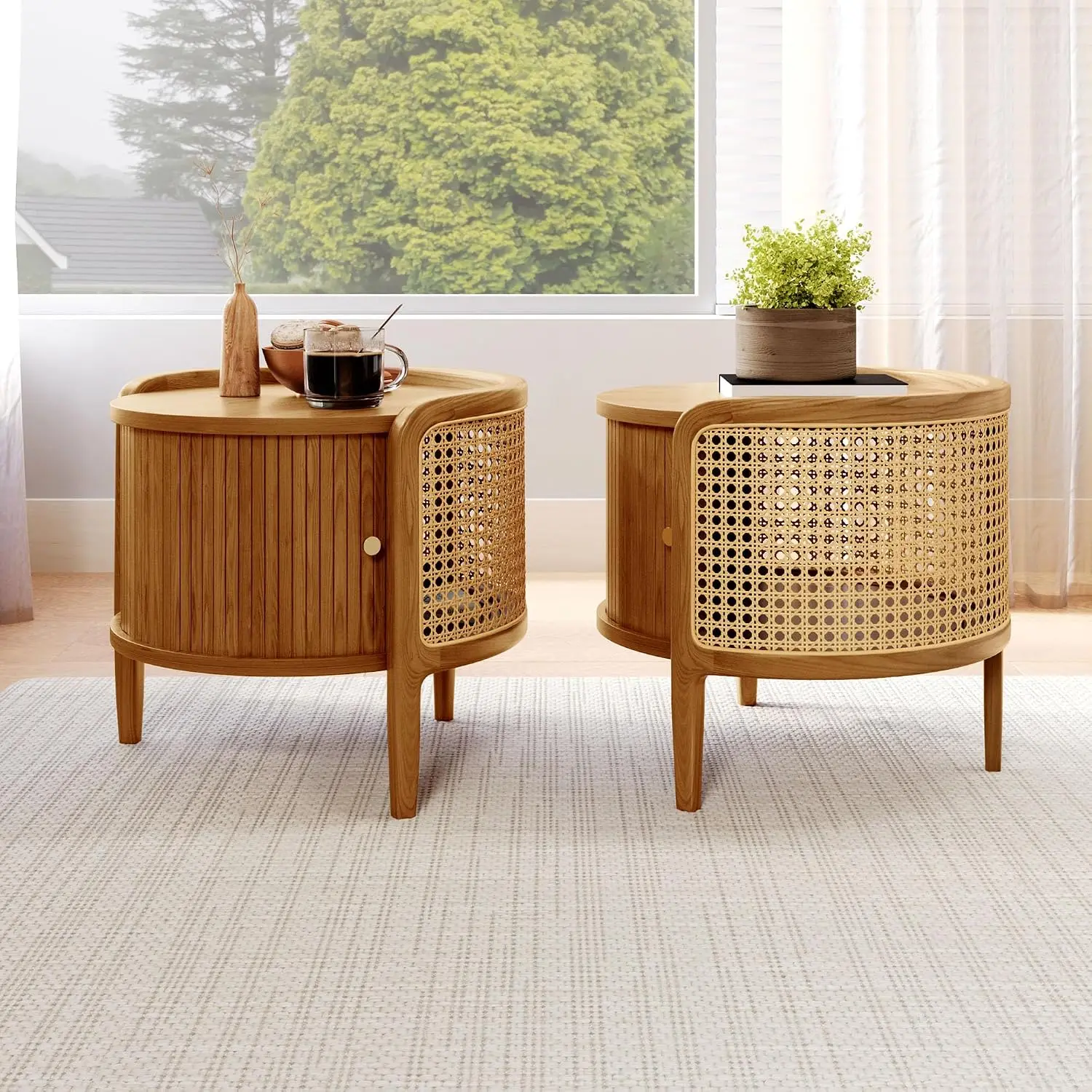 Rattan End Table Set Of 2 Nightstand With Roller Door & Woven Rattan Bedside Accent Table For Bedroom Walnut, Customized