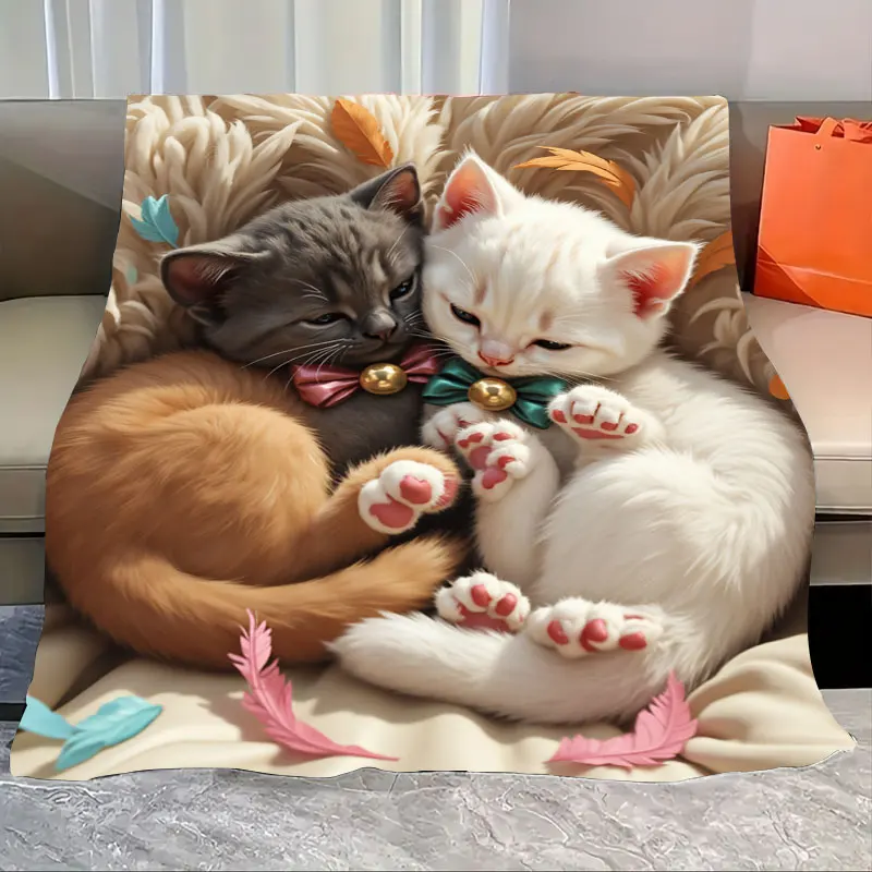 1pc Flannel Blanket Cute Cats Cozy Blanket with Bow Ties for Home Decor & Pet Lovers