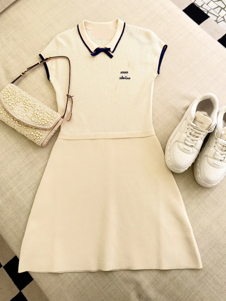 Color Block  Neck Knitted Dress with Bow Tie Short Sleeve Ageless School Style Stage Performance White  Knot Dress