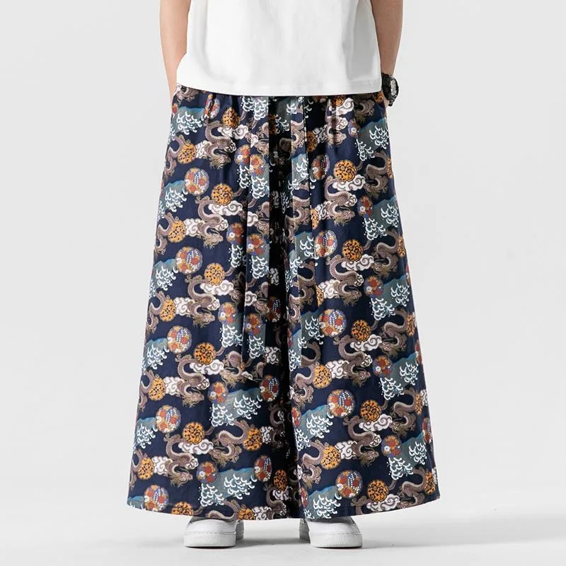 

Spring Summer Men Plus Size Loose Casual Print Vintage Wide Leg Pants Women Oversized Harem Trousers Beach Skirt Pant