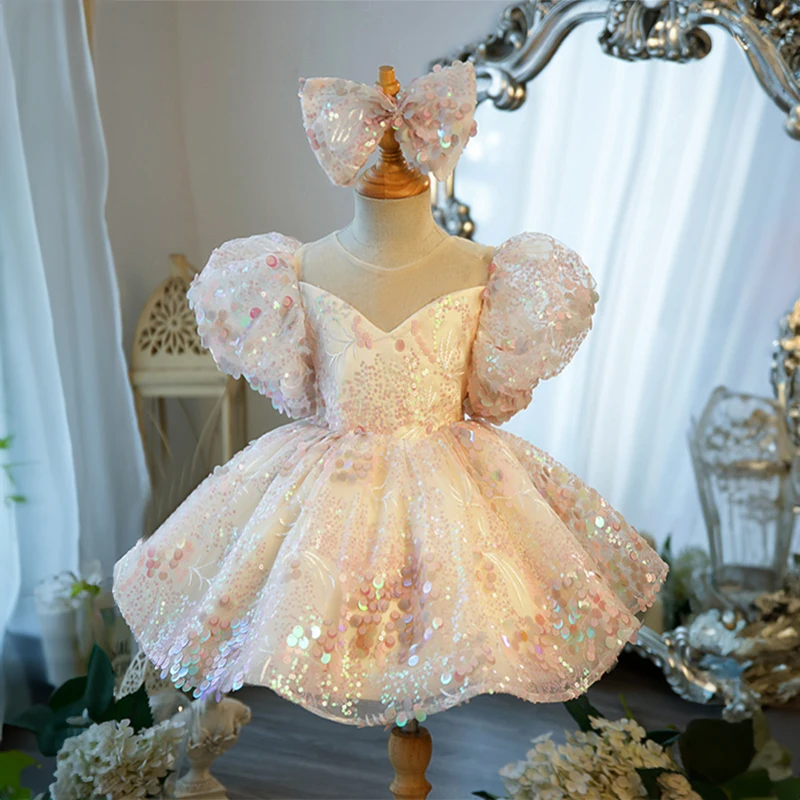 High Quality Luxury Pageant Party Champagne Dresses for Toddler Girls Short Evening Gowns Kids Princess Christmas Dress Children