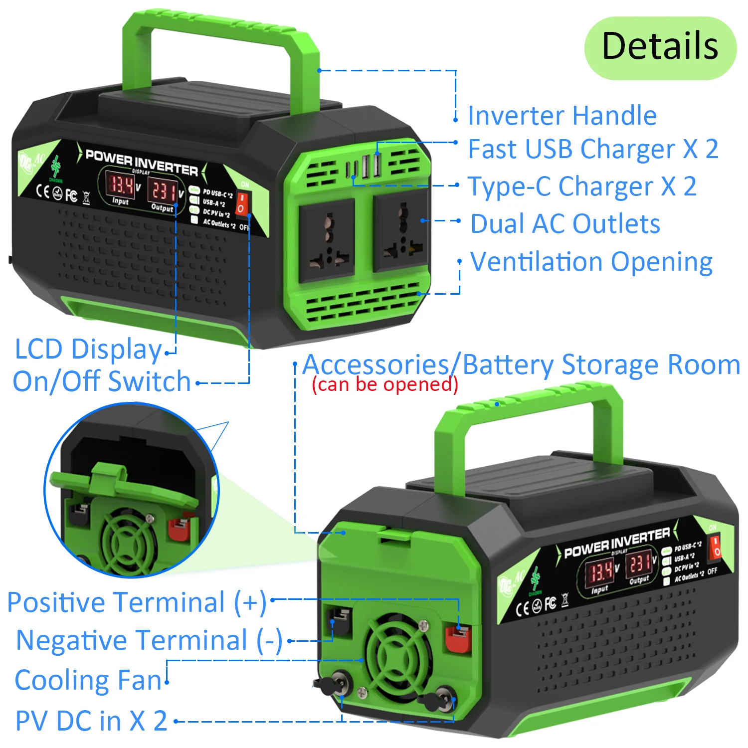 500W power inverter, DC 12V to AC 110V/220V voltage converter, with USB and Type-C ports, suitable for laptops and outdoor use