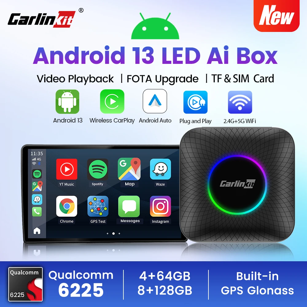 Carlinkit Smart Ai Box Android 13 Car Play Wireless Android Auto Wireless Dongle QCM6225 8-Core 4G Lte per aggiornamento Netflix Fota