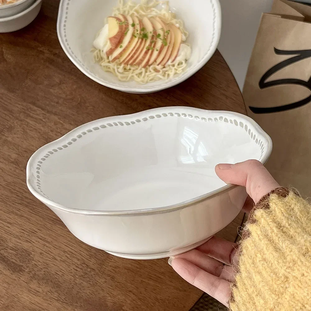 Japanese Style 7.5In Porcelain Bowl Floral Edge Relief Vintage Ceramic Food Container Fruit Vegetable Salad Noodles Soup Bowls