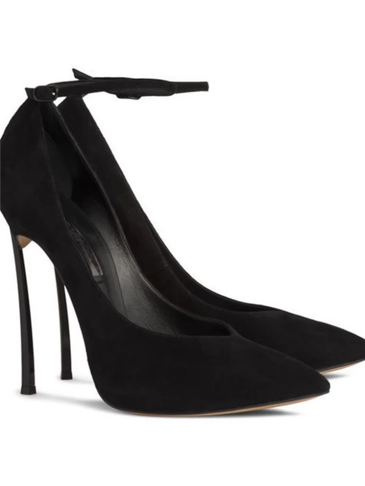 Metal stiletto heels spring new pointed shallow suede ankle lace-up sexy shoes banquet dress large size small size women's shoes
