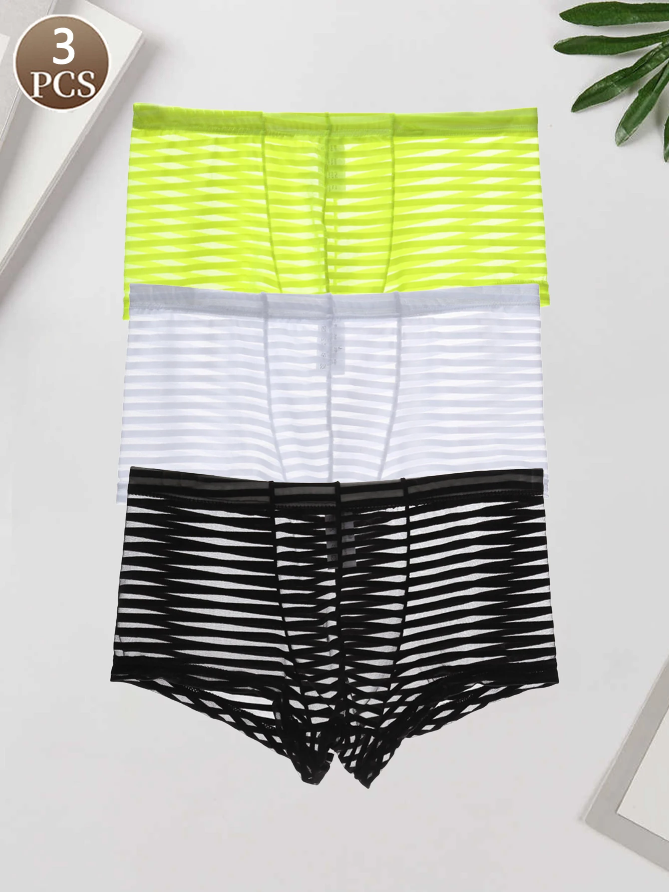 

3PCS Solid color striped casual sports Men's sexy semi transparent mesh Low waist breathable seamless men's panties