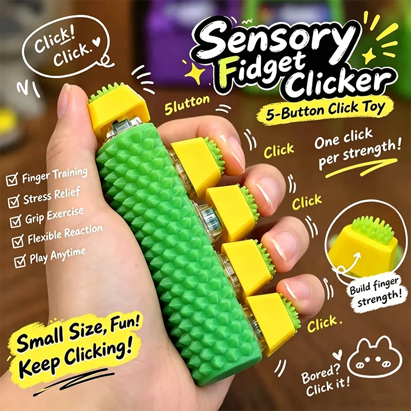 Sensory Fidget Clicker 5 Button Fidget Toy Spiky Hand Grip Trainer Stress Relief Finger Exercise Toy for Adults ADHD