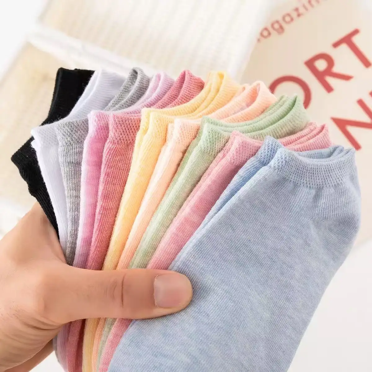 10Pairs of Colored Cotton WOMEN'S Short Socks, Ankle Breathable Mesh Sports Socks, Summer Casual Solid Color Boat Socks
