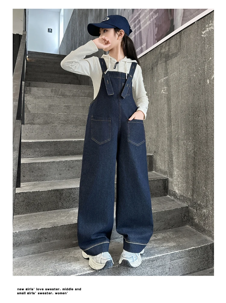 Kinder Vintage Dunkelblauer Denim-Overall für Mädchen, Modischer Jumpsuit, High-Street-Oberbekleidung, Kinder-Teenager-Latzhose mit Trägern, Größe 5-14 – Detail 11