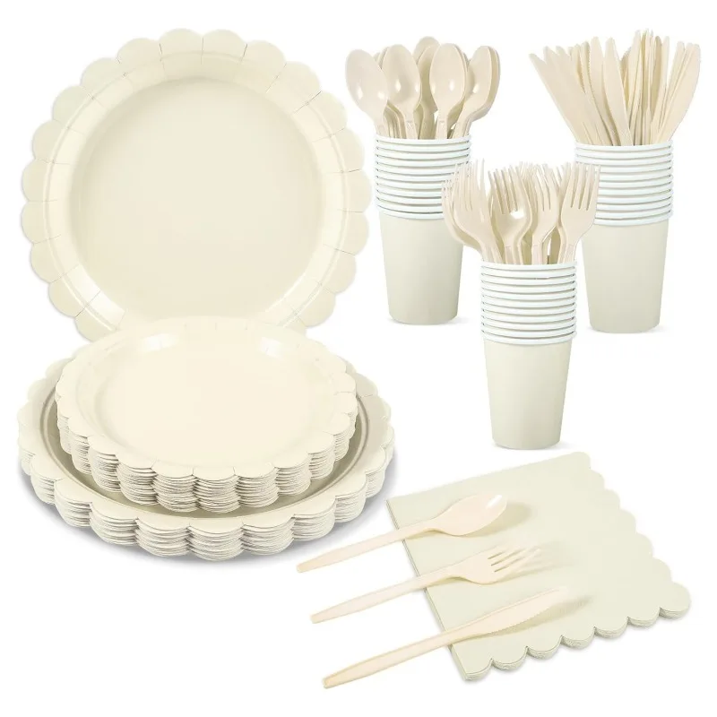 Vaisselle jetable beige pour 10 personnes, assiettes en papier à dentelle, gobelets, serviettes, décoration de fête de mariage, anniversaire