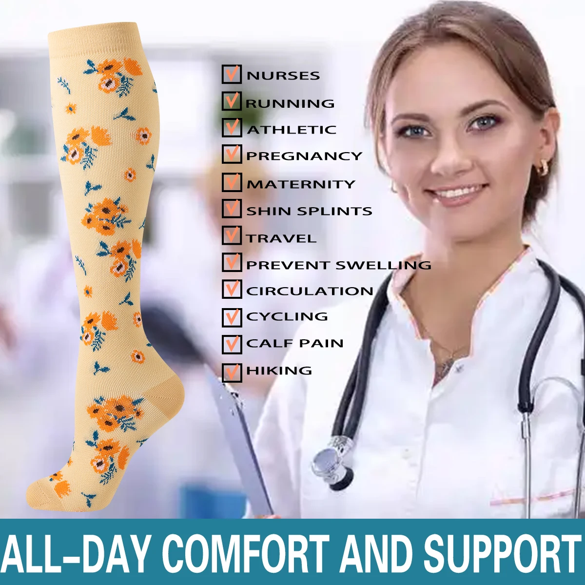 6 쌍 꽃무늬 압박 양말 여성 남성 의료용 통기성 무릎 높이 간호사 꽃무늬 압박 양말 여성 스포츠 간호사용