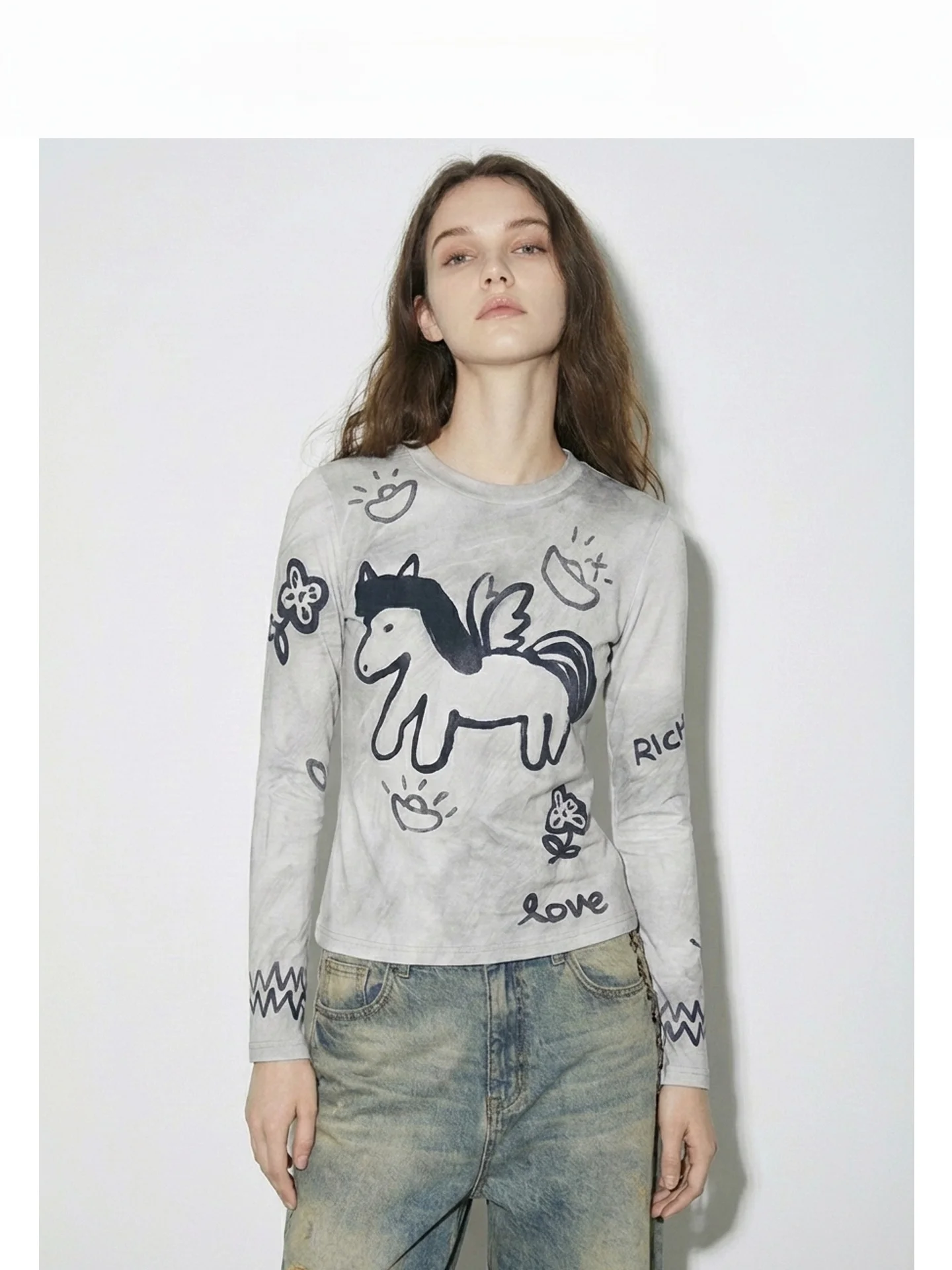 

Slim Fit Long Sve T-irt Women's ey Print Design Base Layer irt Top American Sle Cotton round Ne Pull over Tee