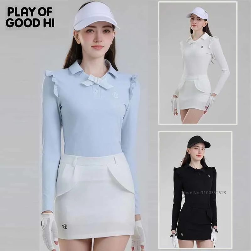 PL Autumn Spring Golf Polo Shirts Women Ruffle High-end T-shirt Bow Collar Long Sleeve Sports Top High-waist Tennis Pencil Skirt