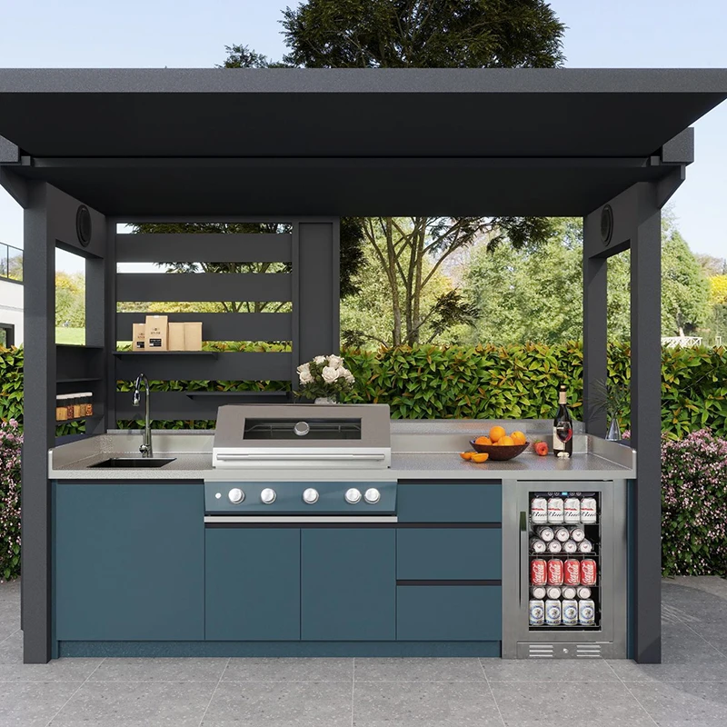 Customized Black/grey Garden/patio Outdoor Bbq Kitchen Pod with Door Weatherproof 304 Stainless Steel Outdoor Kitchen with Shed