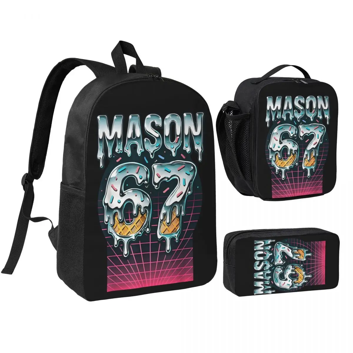 3pecs/set Mason 67 Ice Cream Drip Six Seven Funny 6 7 Backpack Back To School High School Daypack Lunch bag Pencil Case