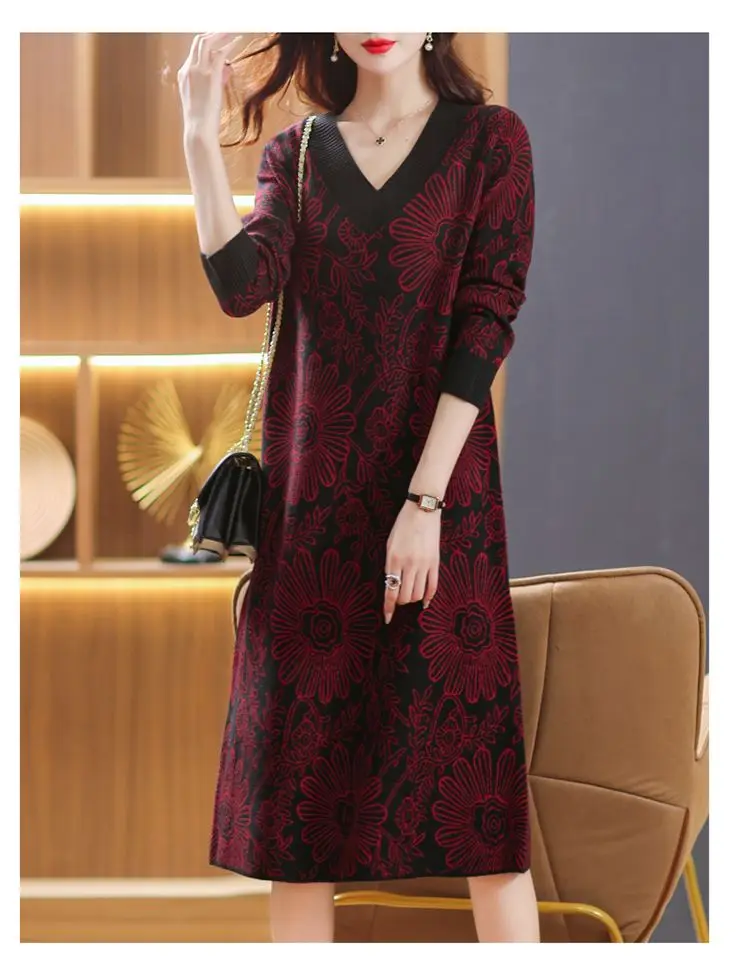 Women's Vintage Print V-Neck Long Sleeve Knit Casual Dress Mid-Length Autumn Winter Dress