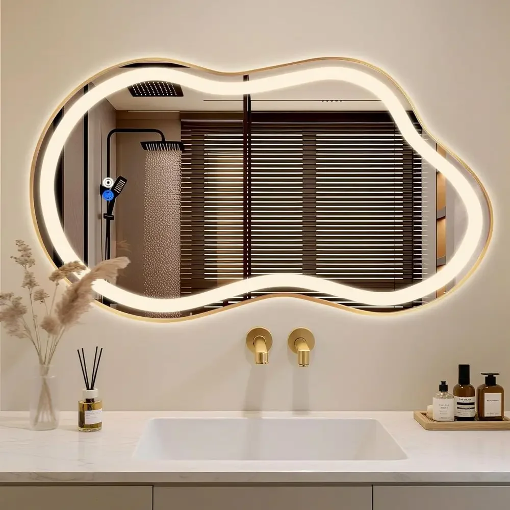 Dimmable Cloud-Smart LED Backlit Mirror, Gold Asymmetrical Vanity Mirror with Anti-Fog, 24x36, 1 Pack