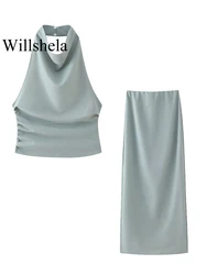 Willshela Women Fashion 2 Piece Set Green Pleated Tops & Vintage High Waist Back Slit Midi Skirt Female Chic Lady Skirts Set