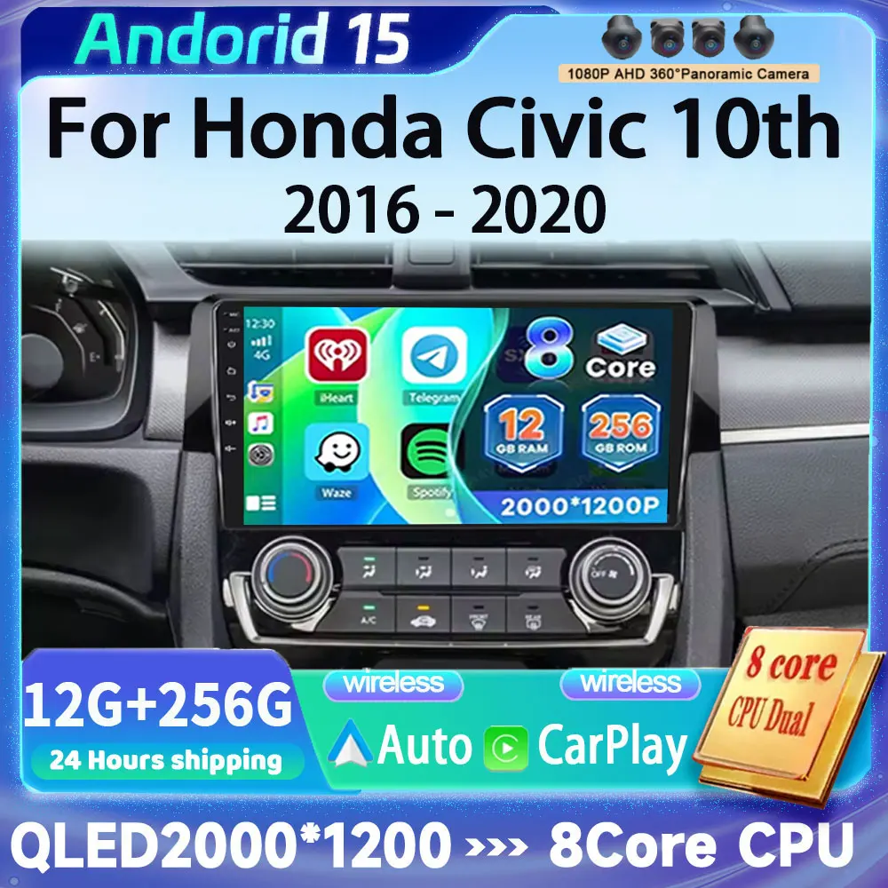 

Для Honda Civic 10 2016 2017 2018 2019 2020 Android 15 Автомобильный радиоприемник Стерео Мультимедийный видеоплеер GPS Беспроводной Carplay Head Uni