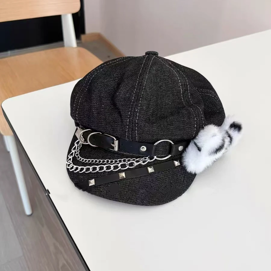 

Y2K Gothic Lolita Octagonal Cap Harajuku Punk Bone Spike Beret for Women Japanese Street Style Halloween Gothic Accessories