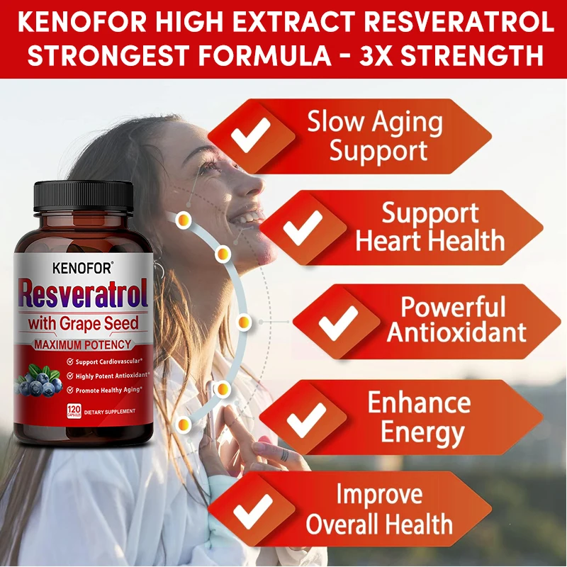 Resveratrol Capsules Antioxidant Anti-Aging Supplement Heart Health Joints Brain Function and Immune Health Vegetarian Non-GMO