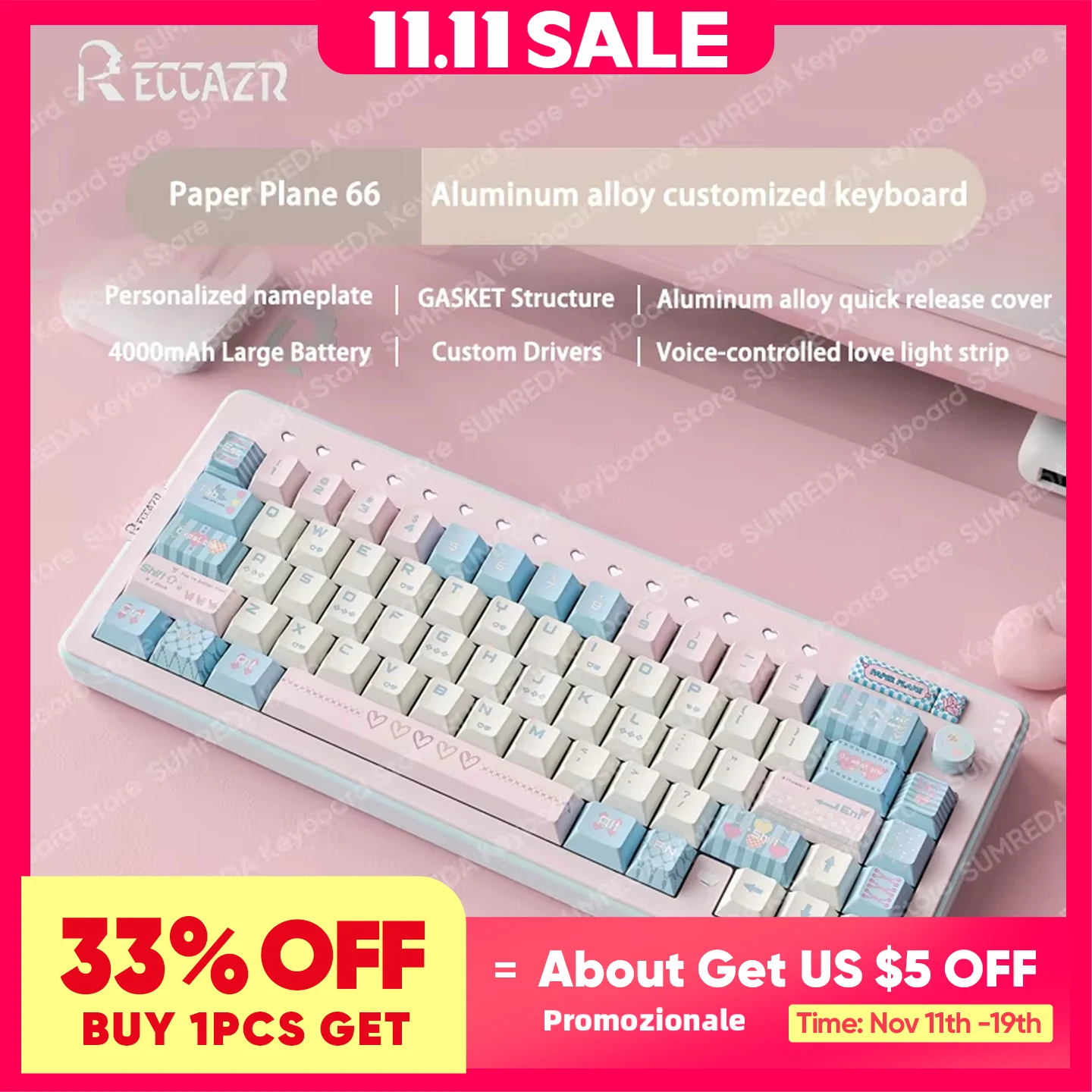 

RECCAZR Paper Plane66 R66 Комплект механической клавиатуры Алюминиевая прокладка RGB Строка горячей замены с ручкой управления Трехрежимная клавиатура