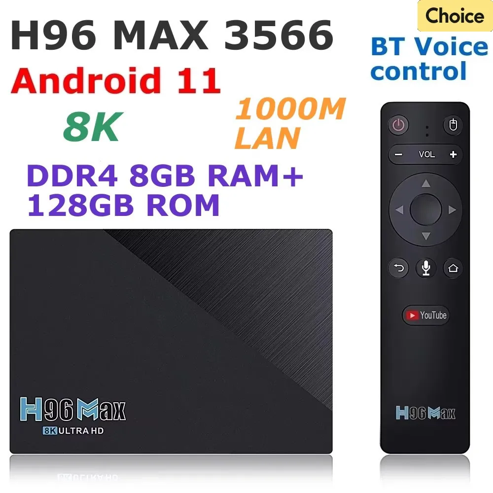 H96 MAX 3566 Android 11 TV Box DDR4 8GB RAM 128GB ROM RK3566 8K BT Voice Control 5G Dual WIFI 1000M Lan 4K Youtube Media Player