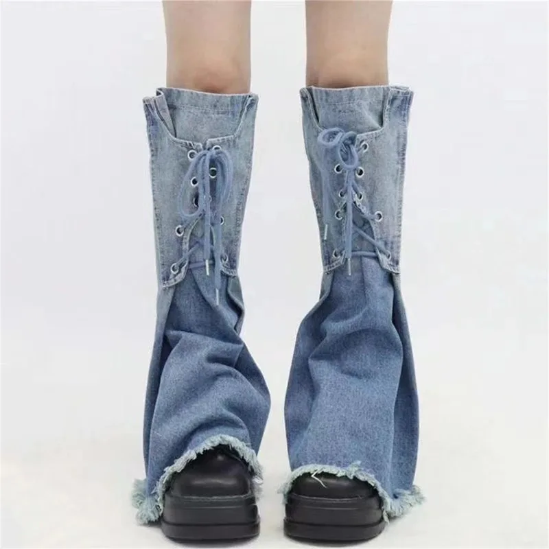 Fashion Denims Leg Warmers Strappy Tassel Mid Calf Stacked Boot Socks Unisex Gradient Cowboy Leg Boot Cuffs Sock