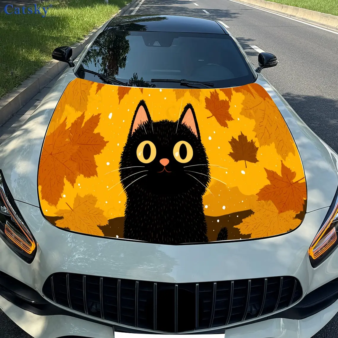 

Artistic Split Autumn Maple Black Cat PVC Car Vinyl Wraps, Self-Adhesive Waterproof Car Hood Decal Sticker, Car Decoration Prote