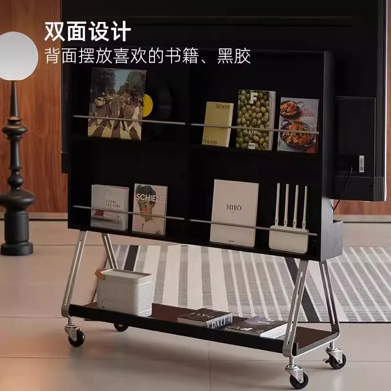 Solid wood movable floor-to-ceiling audio-visual cabinet small apartment living room stainless steel wheel mobile bracket TV
