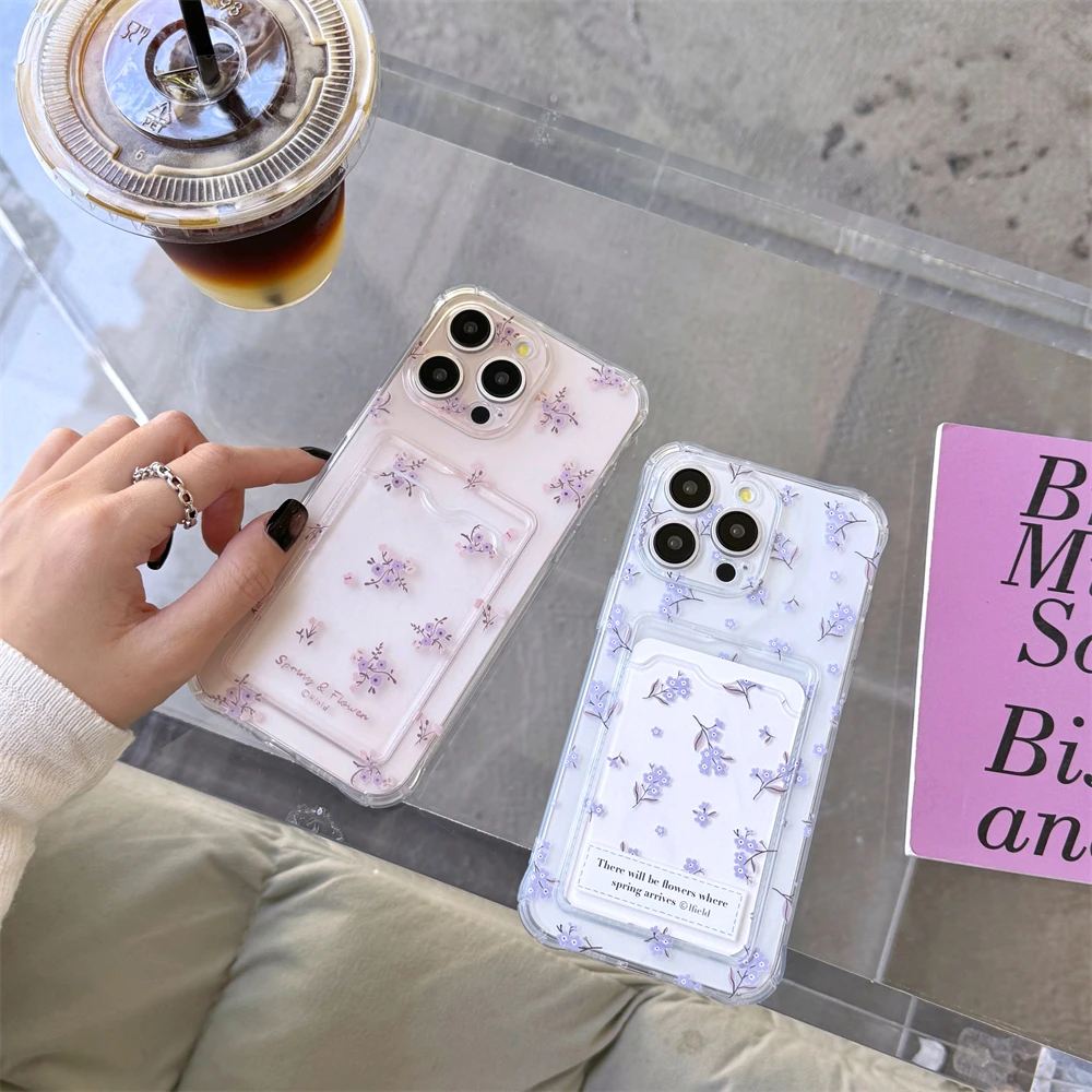 

Korean Cute Flower Wallet Card Bag Phone Case For iPhone 16 15 14 13 12 11 Pro Max 14 15 Plus X XR XS Max Lens Protection Cover