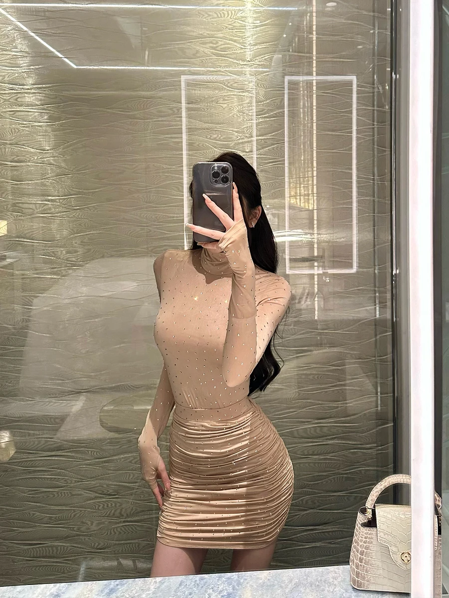 

Sexy Three-Piece Set with Stand Collar Long Sleeve Anti-Slip Glitter Polyester Fabric for Winter Fashion Women's Ensemble
