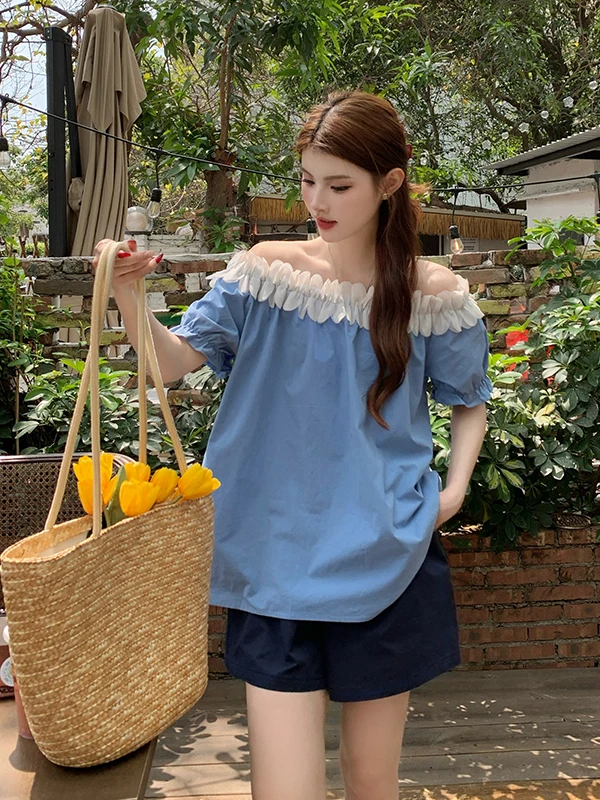 

plus Size Fashionable Set Women Summer New Gentle Wind One Shoulder Lace Trim Short Sleeve Slimming Top Shorts Korean Style S...