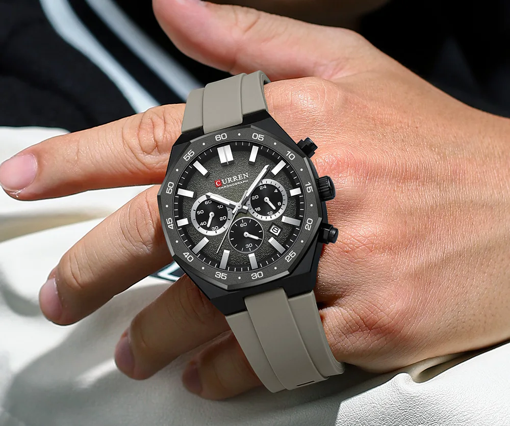 CURREN Herren Sport-Chronograph-Uhr mit Silikonarmband, Multifunktionszifferblatt mit Datum, Leuchtzeigern, Casual Quarz-Armbanduhr – Detail 11