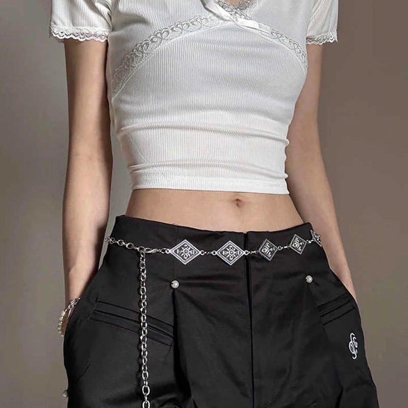 1pcs punk style retro metal women's fashion trend ethnic style carved diamond chain thin waist belt suitable for daily wear use