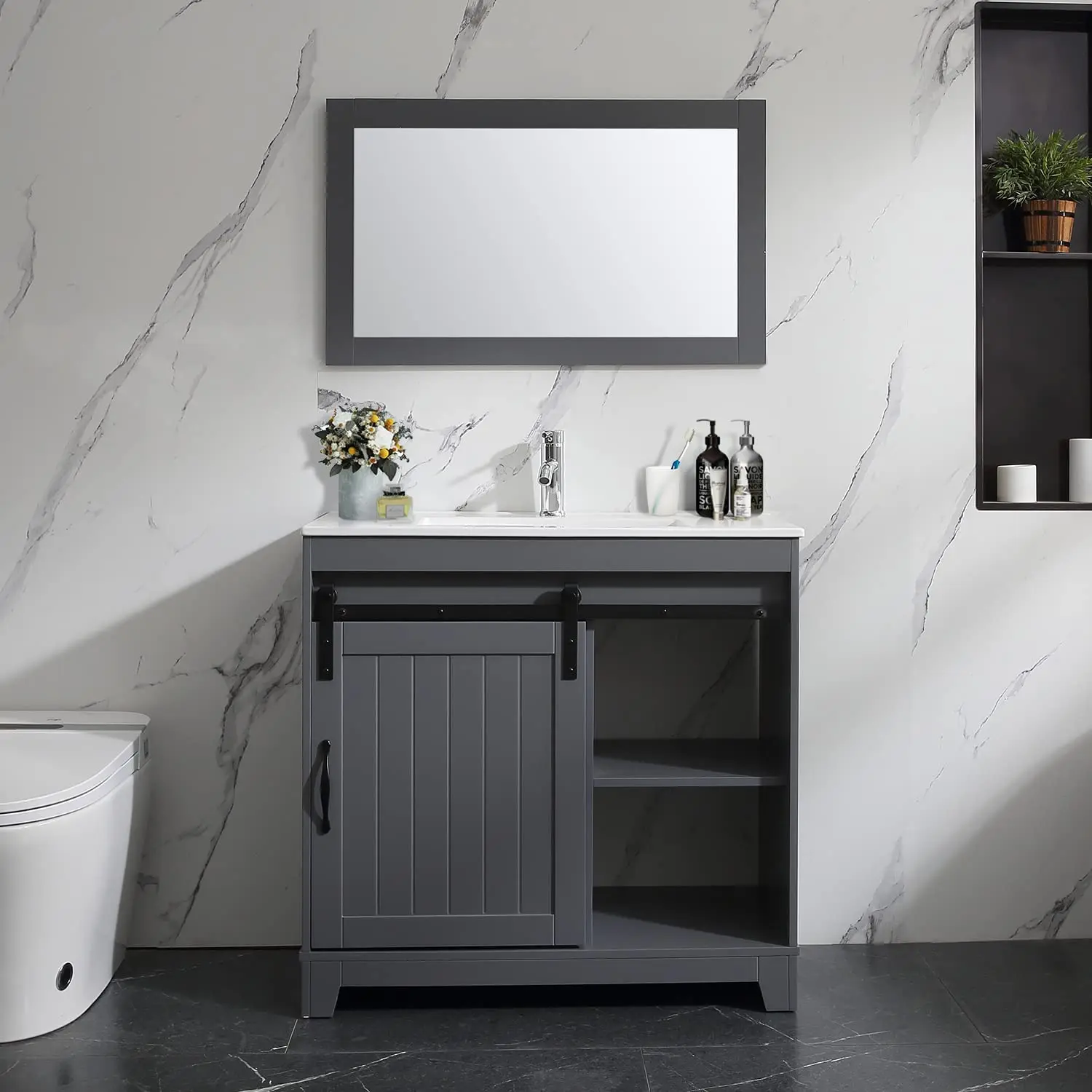 

36'' Bathroom Vanity Sliding Barn Door Ceramic Vessel Sink Farmhouse Cabinet Mirror Combo Chrome Faucet Grey, Customized