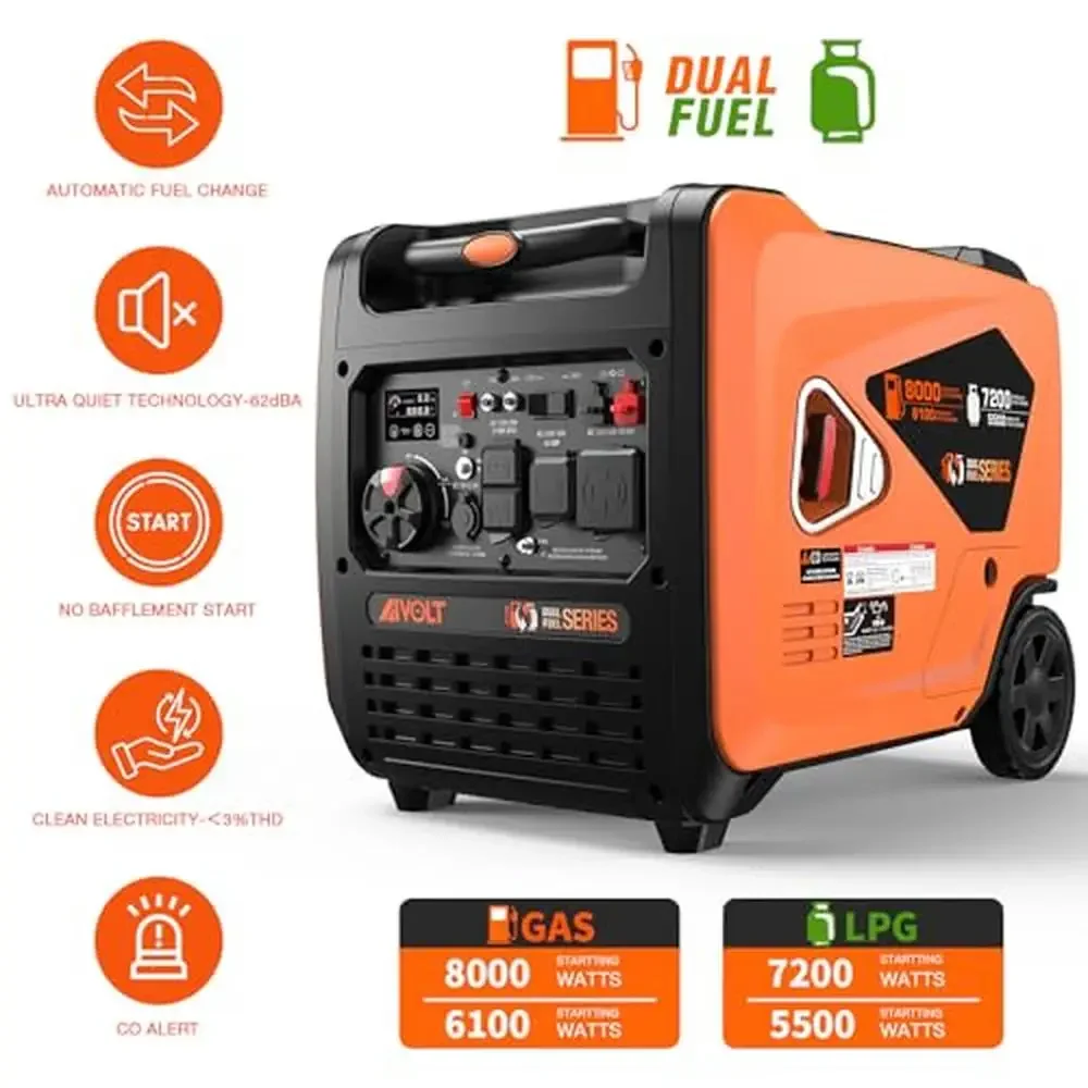 8000W Dual Fuel Inverter Generator Electric Start Portable Camping RV Jobsite Eco Switch 8000/6100 GAS 7200/5500 LPG Ultra-Quiet