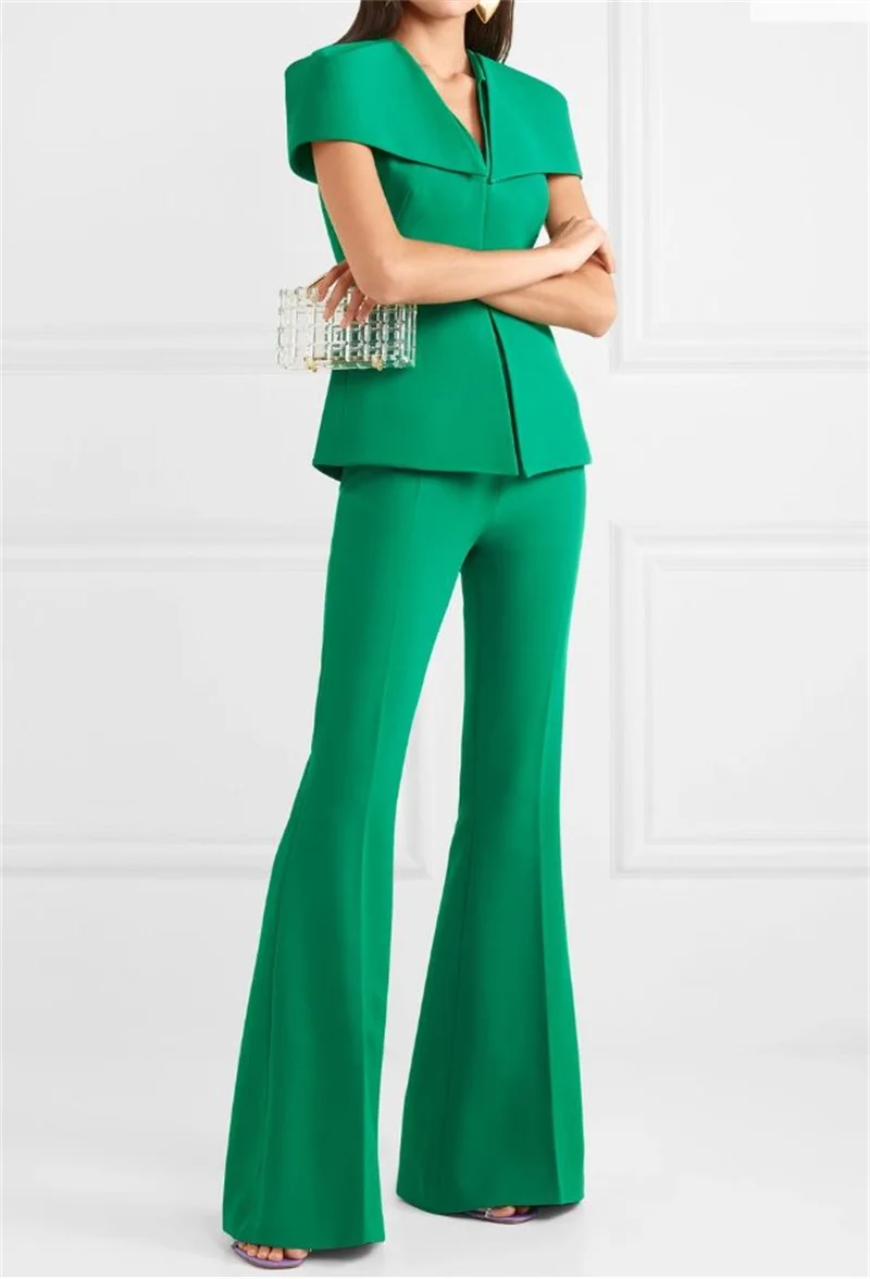Green Summer Women Suit Set 2 Pcs Short Sleeve Blazer+Pants Trousers Formal Office Lady Jacket Cotton Customized Wedding Coat