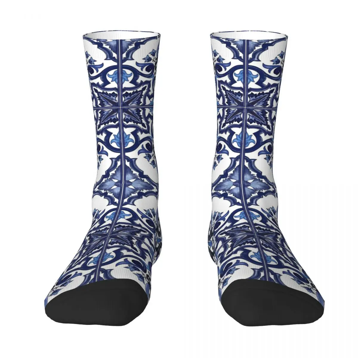 Blue Ornate Floral Mediterranean Sicilian Tile Socks Harajuku Soft Stockings All Season Long Socks Accessories for Man Woman