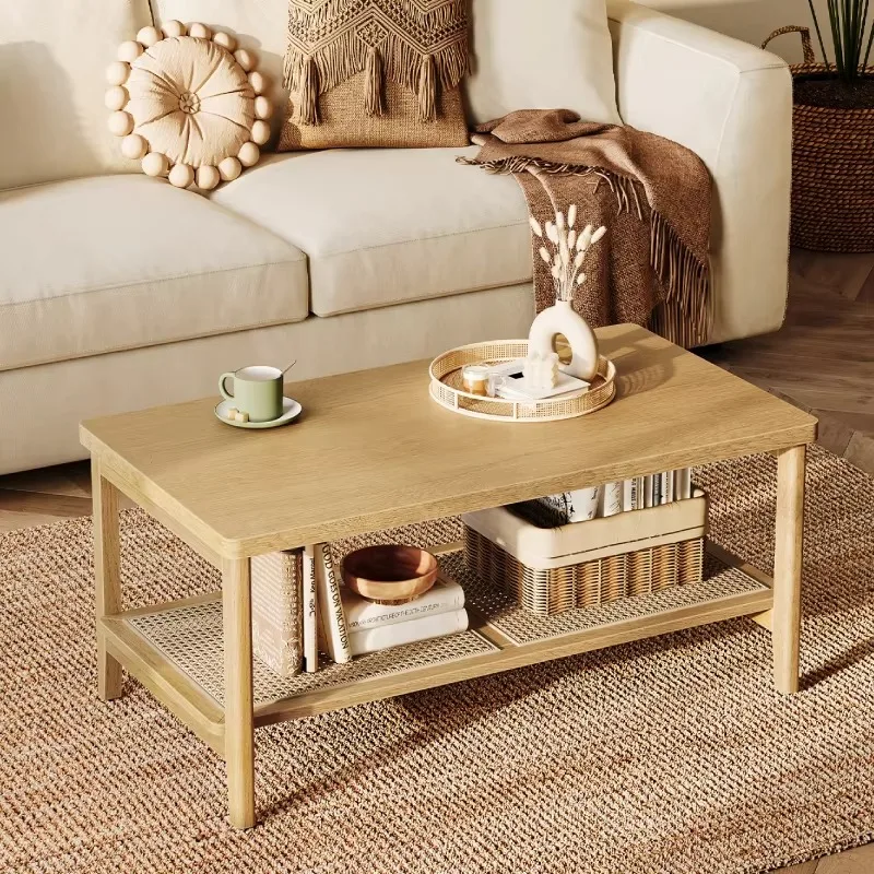

Asian style living room table, rectangular center table, rattan double-layer coffee table