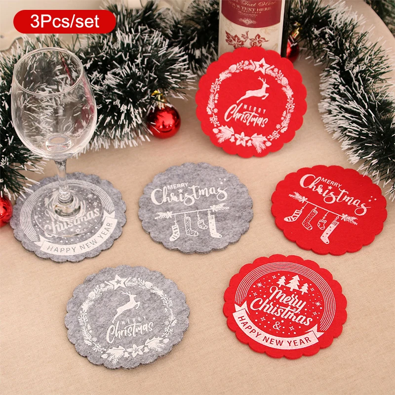 New 3Pcs Christmas Felt Coasters Anti-slip Round Placemat Bowl Mats Cups Pads For Xmas New Year Party Decoration Supplies