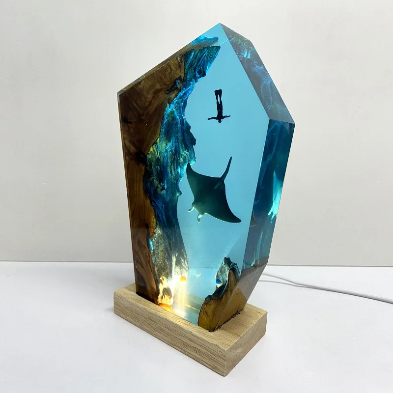 Manta Ray Resin Night Light, Ocean Themed Wood Base Decor, Christmas Birthday Gift for Home