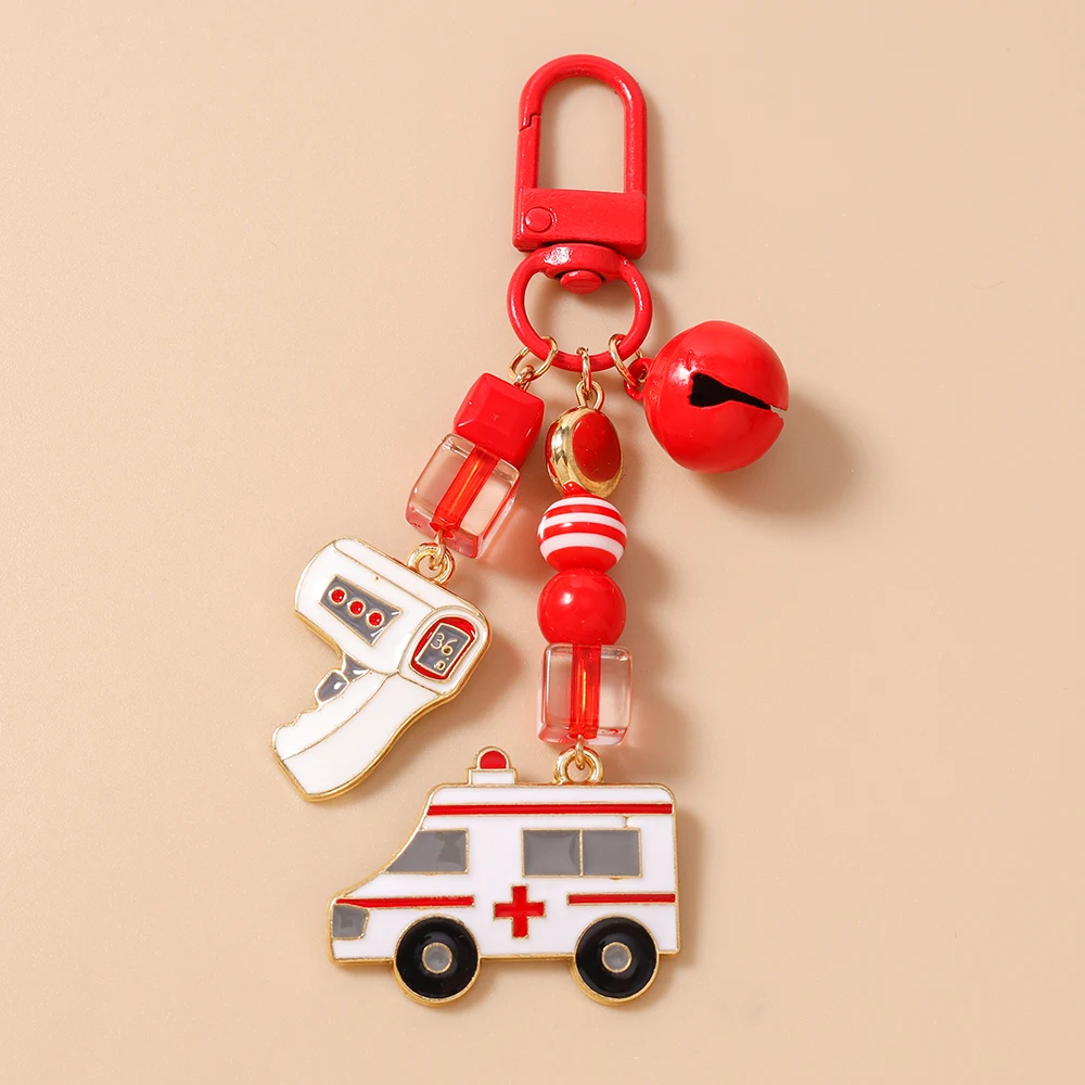 Creative Enamel Ambulance Keychain Forehead Thermometer Key Ring Pendant for Handbag Decor DIY Jewelry Gifts