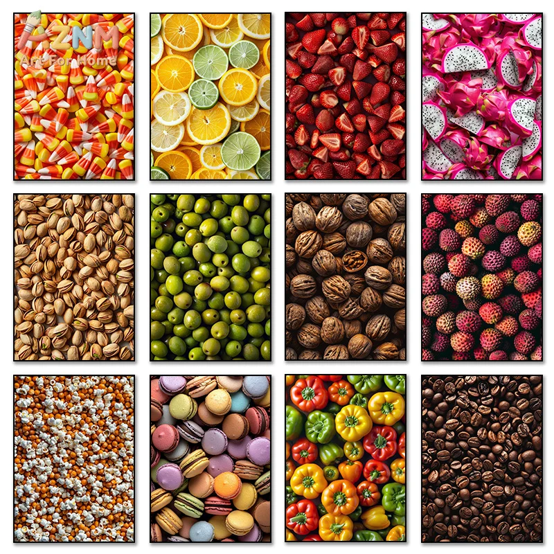 AZNM Realistic Fruit Nut Food Canvas Wall Art Print, Orange Strawberry Dragon Fruit Macaron Coffee Bean Vibrant Kitchen Cafe Dec