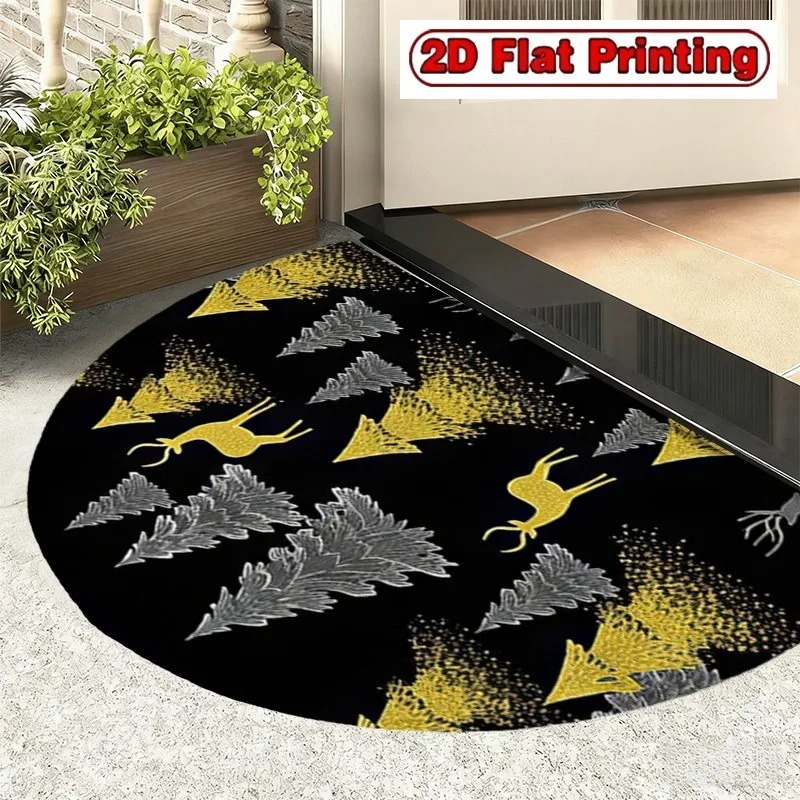 Half Round Doormat Golden Stag Silhouette Sparkling Gold Pine Matrix Frosted Silver Fir Outlines Solid Black Backdrop For Floor