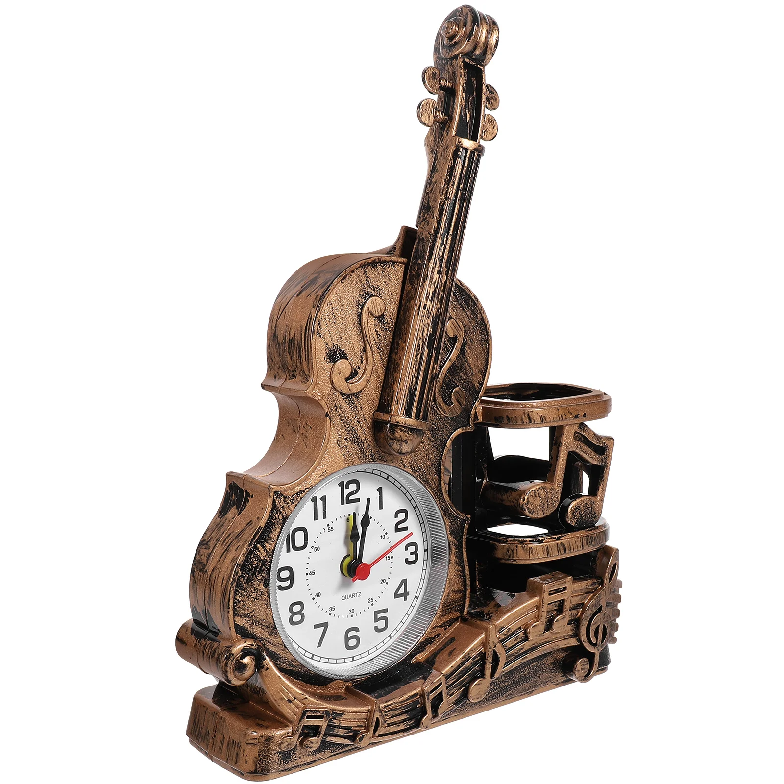 Table Pen Holder Desktop Violin Tabletop Clock Decorative Golden Statue Shape Plastic Student