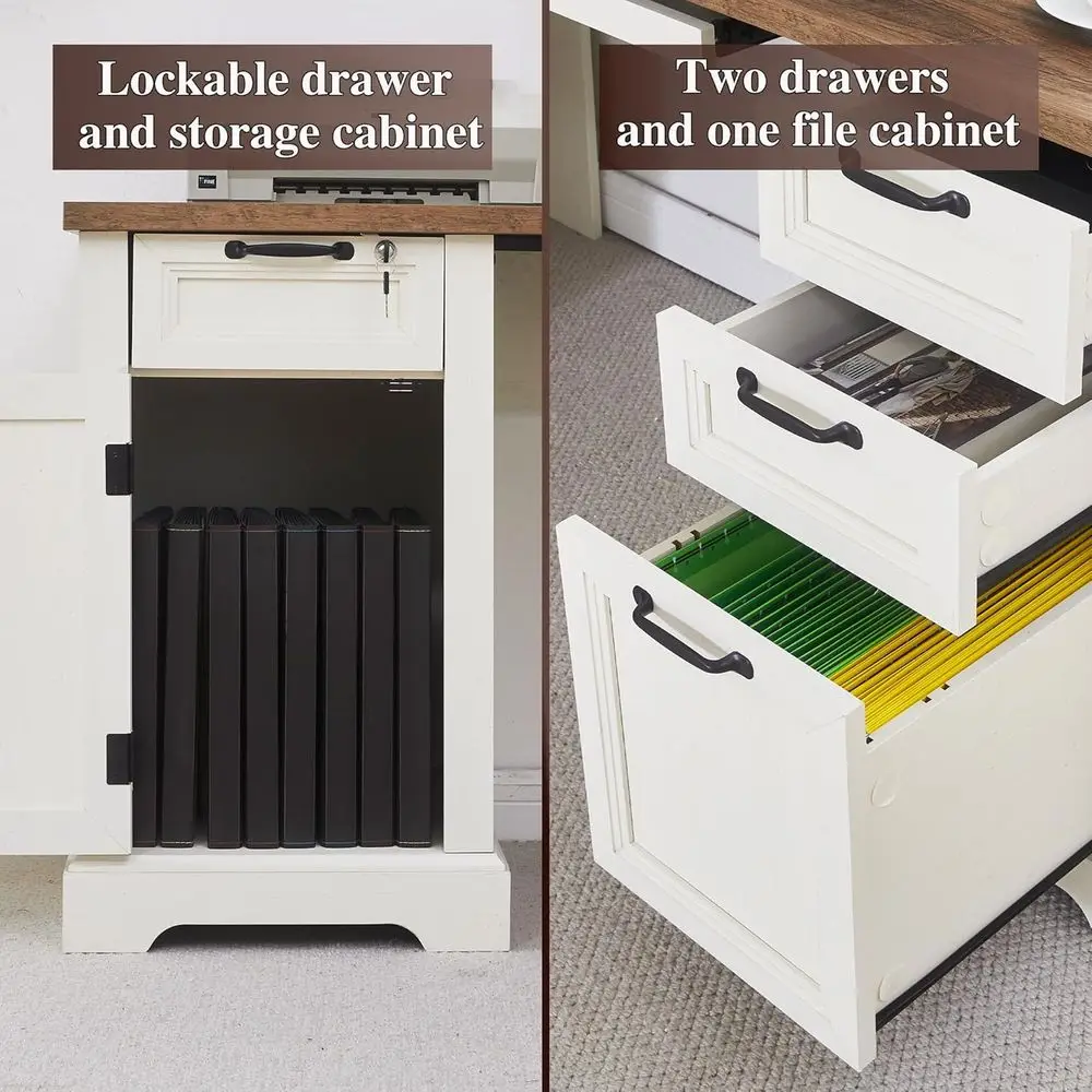 مكتب زاوية ريفي 69 على شكل حرف L مع صينية لوحة مفاتيح، وحدة تخزين قابلة للقفل، وخزانة ملفات قابلة للتعديل، ومحطة شحن #3