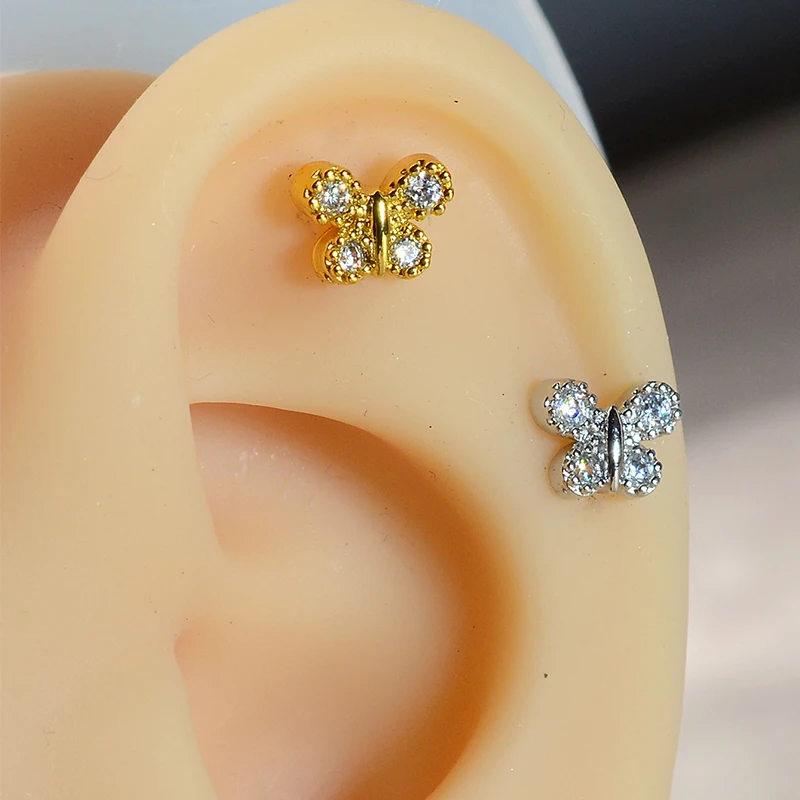 1PC Stainless Steel Internally Thread Flat Butterfly CZ Labret Lip Piercing Studs 16G Monroe Cartilage Helix Conch Lobe Earrring