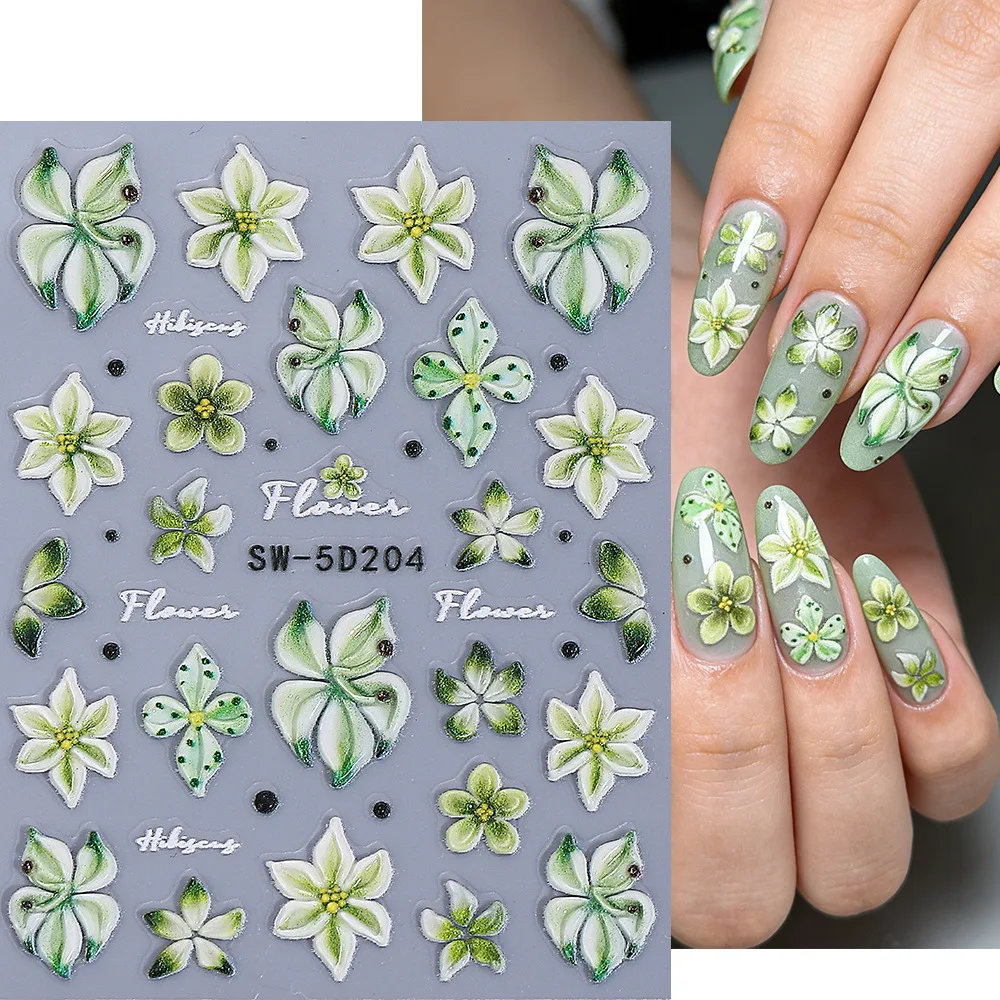 1pc 5D Embossed Floral Nail Art Stickers, White & Pink Hibiscus Pattern, Self-Adhesive Nail Decals Suitable