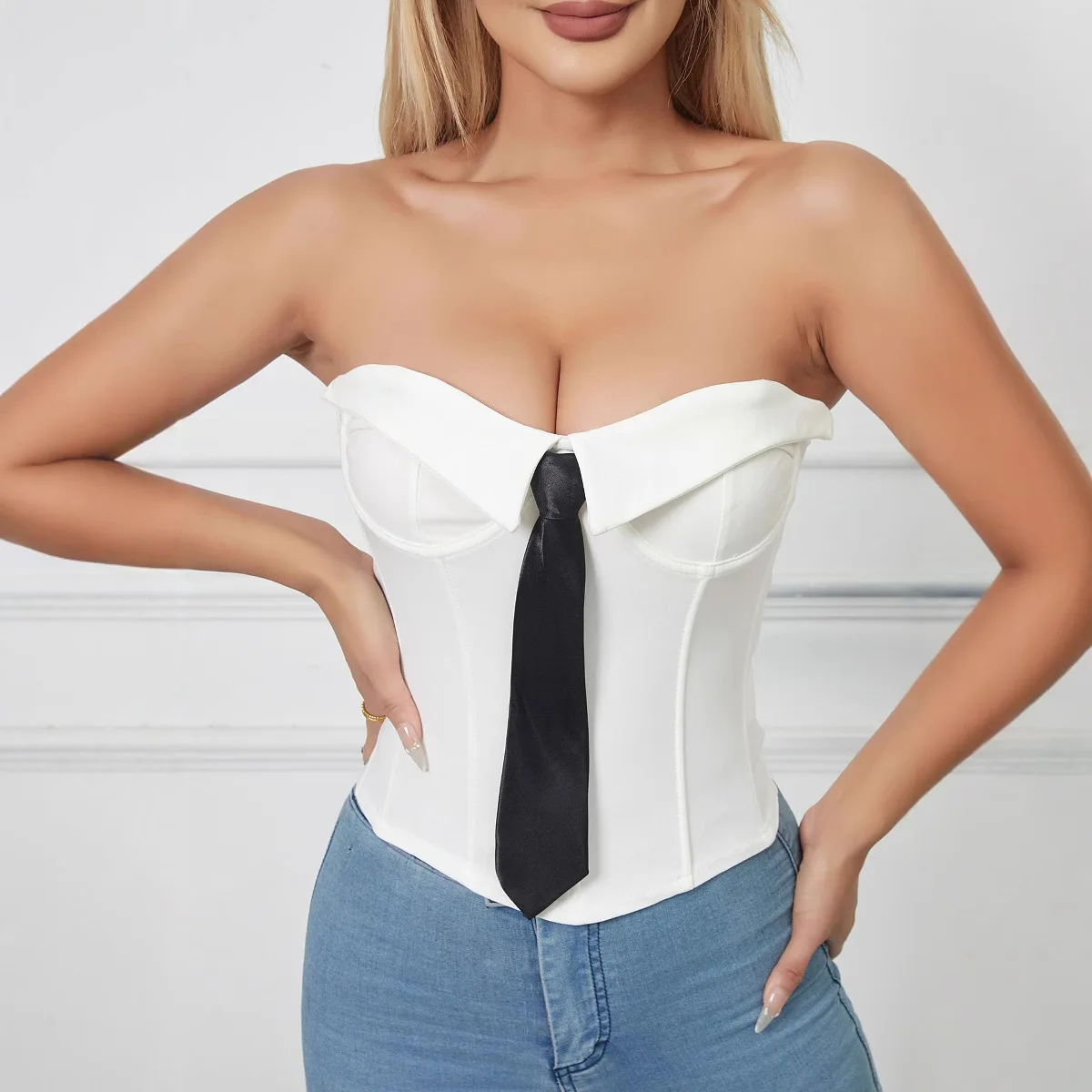 

Y2K Нагрудный жилет в уличном стиле с рыбьей костью | Пэчворк без бретелек с завязками на талии, корректирующий фигуру для женщин, повседневная и праздничная одежда